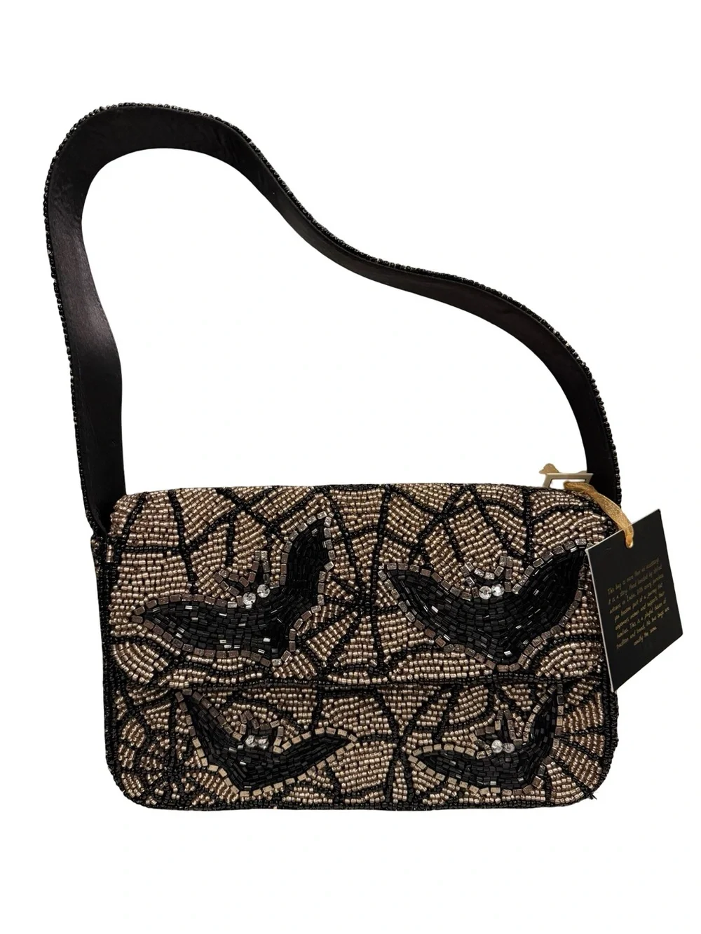 Viral Bat Spiderweb Beaded Bag Black Gold NWT